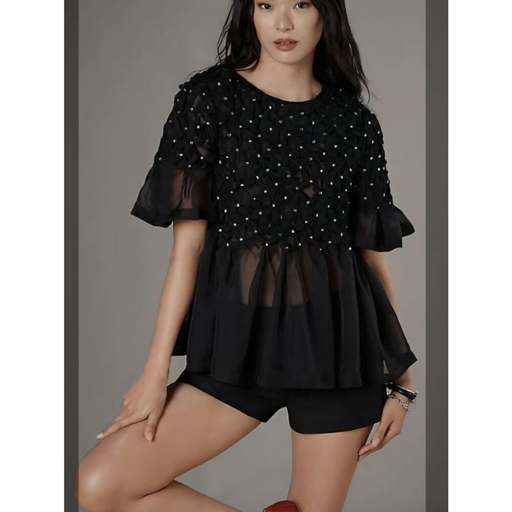 Anthropologie Black Sparkle Sheer Peplum Blouse